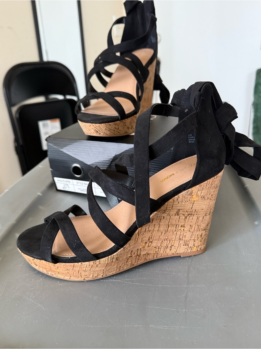 Fashion Nova Black Strappy Cork Wedge Sandals with Ankle Tie - Picture 4 of 14